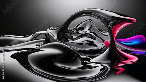 Black and white abstract liquid waves, flowing and swirling in a minimalist style, smooth gradients, high contrast, glossy finish.