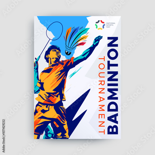badminton sports concept poster design, vector illustration of a badminton athlete with a jumping smash. colored silhouette style design, grunge. badminton national sports day celebration design conce