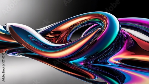 Metallic liquid in silver, gold, and iridescent colors, floating in an abstract pattern, highly reflective, futuristic atmosphere.