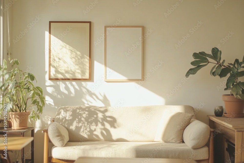 Fototapeta premium Modern living room with gallery wall with white posters, neutral furniture and stylish coffee table, photo mockup