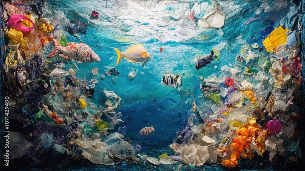 Fototapeta premium Marine life among floating plastic waste, an impactful scene showing the consequences of environmental pollution on the ocean