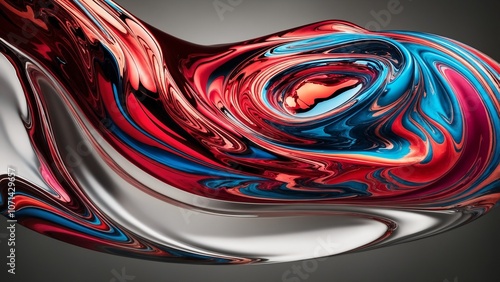 Surreal liquid shapes combining monochrome tones and vivid colors, with reflective surfaces and smooth, flowing forms.