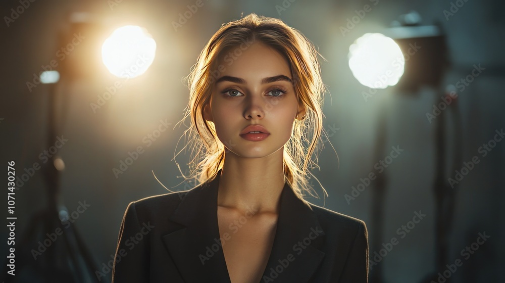 Obraz premium A young woman in a dark blazer standing in a studio. Spotlights from above highlight the sharp features of her face and create a confident look.