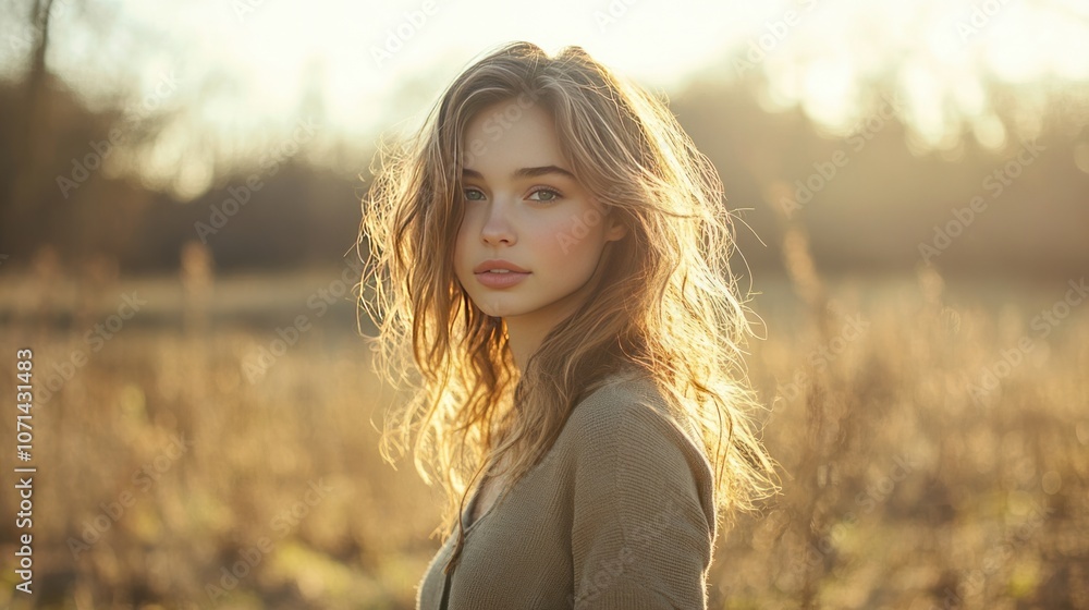 A young woman stands in a field of grass. The sunlight shines through, making her face and hair look warm and soft, giving a natural feel. A young woman stands in a field of grass. The sunlight shines through, making her face and hair look warm and soft, giving a natural feel.