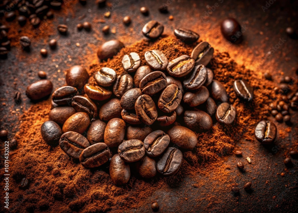 Exquisite Coffee Beans on Ground Coffee Dust Background - Captivating Fashion Photography with Rich Textures and Warm Tones for Coffee Lovers and Enthusiasts Exquisite Coffee Beans on Ground Coffee Dust Background - Captivating Fashion Photography with Rich Textures and Warm Tones for Coffee Lovers and Enthusiasts