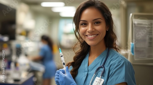 Image of a nurse holding a vaccine syringe in her hand, with a gentle smile, creating a confident and friendly atmosphere in a medical facility. photo