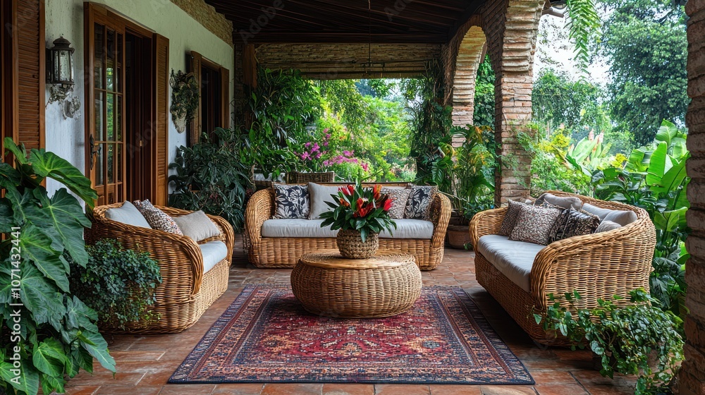 Fototapeta premium Cozy outdoor seating area surrounded by lush greenery.