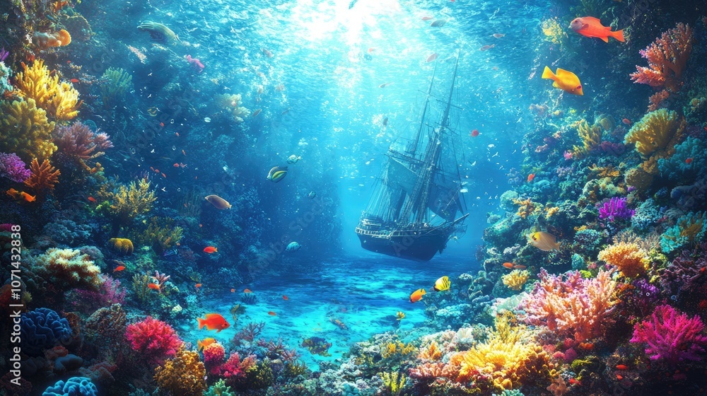 Fototapeta premium Sunbeams and Sunken Ship: A Vibrant Underwater World