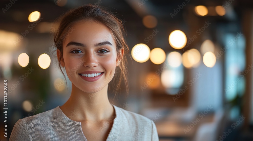 Obraz premium Young woman in office attire standing smiling in a studio. The lighting makes her face look bright and trustworthy in a professional way.