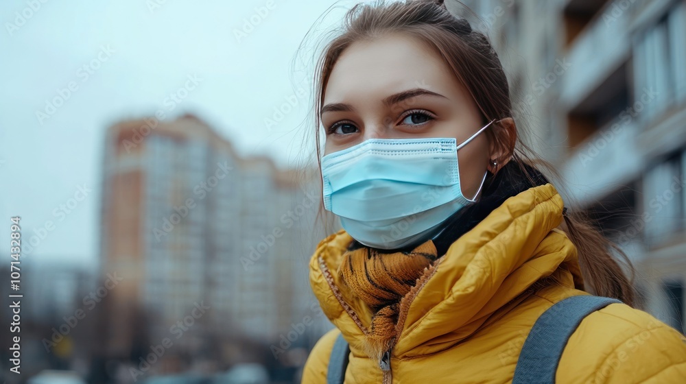 Young woman in protective mask standing in public High-rise building background in the city shows safe lifestyle in various situations. Young woman in protective mask standing in public High-rise building background in the city shows safe lifestyle in various situations.