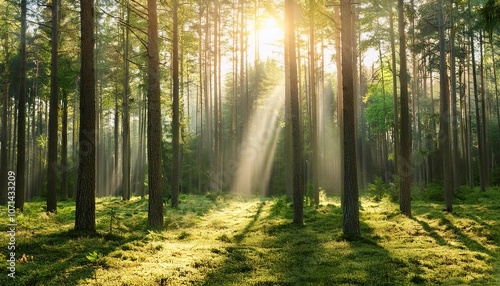 A beautiful view of a forest with sunbeams shining through the trees, creating a magical and peaceful atmosphere.