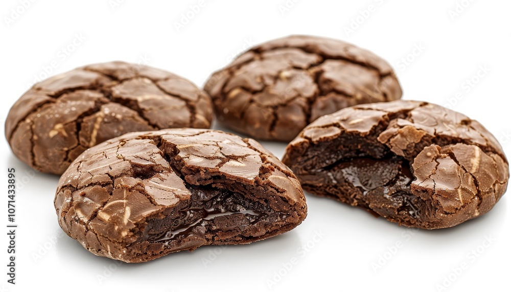 Four chocolate chip cookies, one with a bite taken out, isolated on a white background. Four chocolate chip cookies, one with a bite taken out, isolated on a white background.