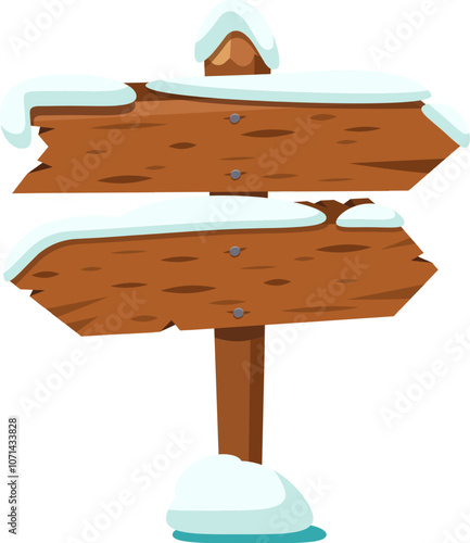 Empty wooden signpost covered with snow indicating two opposite directions, useful to represent a choice to make or a doubt