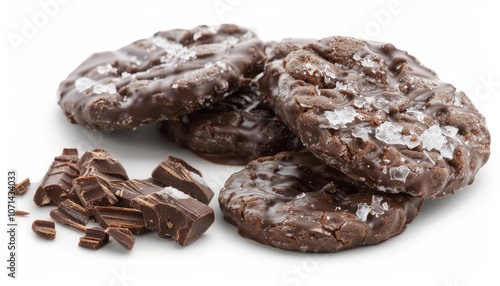 Close-up of four chocolate chip cookies with sea salt on top, with chocolate shavings to the side.