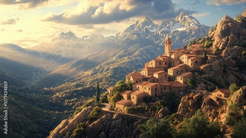 A picturesque view of Corte, a charming mountain village in Corsica, illuminated by warm late afternoon light against the Restonica Valley peaks photo