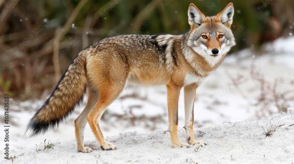 Fototapeta premium A lone coyote walks through a winter wonderland, navigating the snowy ground and observing its surroundings