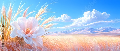 A flower is in the foreground of a field