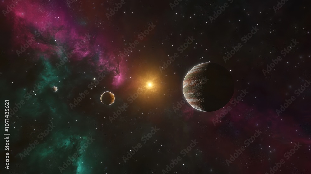 Outer space view of the solar system from a faraway galaxy, highlighting planets within a colorful, distant cosmos. Outer space view of the solar system from a faraway galaxy, highlighting planets within a colorful, distant cosmos.