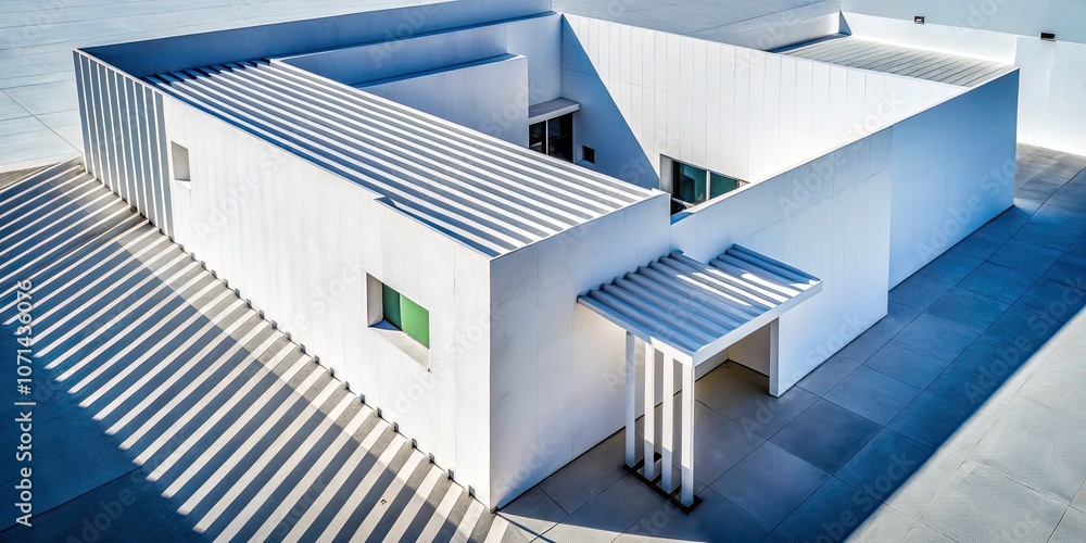 Obraz premium Minimalist Architectural Design with High-Contrast Shadows on White Wall Captured by Drone Photography