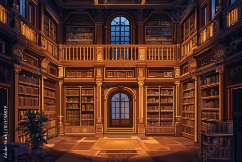 A grand Victorian-style library with towering bookshelves, ornate wooden architecture, and large arched windows.  photo