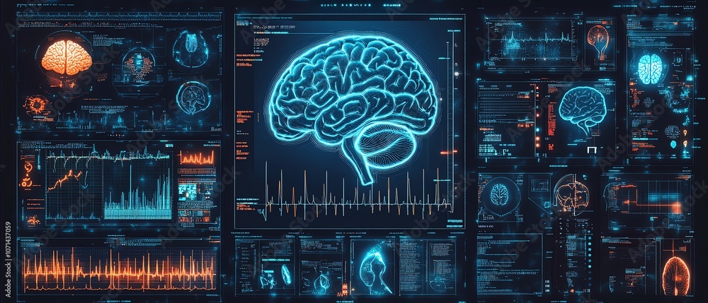 Fototapeta premium AIpowered medical interface with multiple brain anatomy images in vibrant blue and orange, illustrating cuttingedge medical imaging in neurology