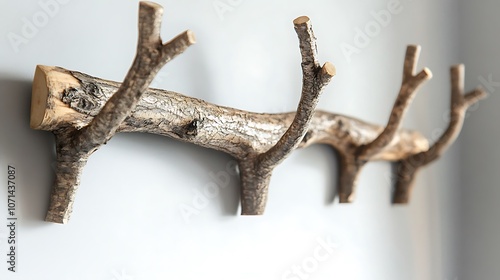 A wooden branch mounted on a wall, with four offshoots for hanging items. photo