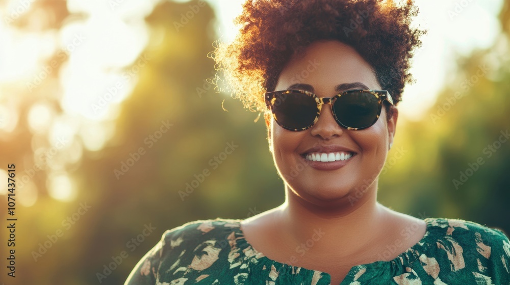 A confident plus-sized woman stands outside, smiling widely under the warm sun, radiating joy and positivity in a beautiful park setting A confident plus-sized woman stands outside, smiling widely under the warm sun, radiating joy and positivity in a beautiful park setting
