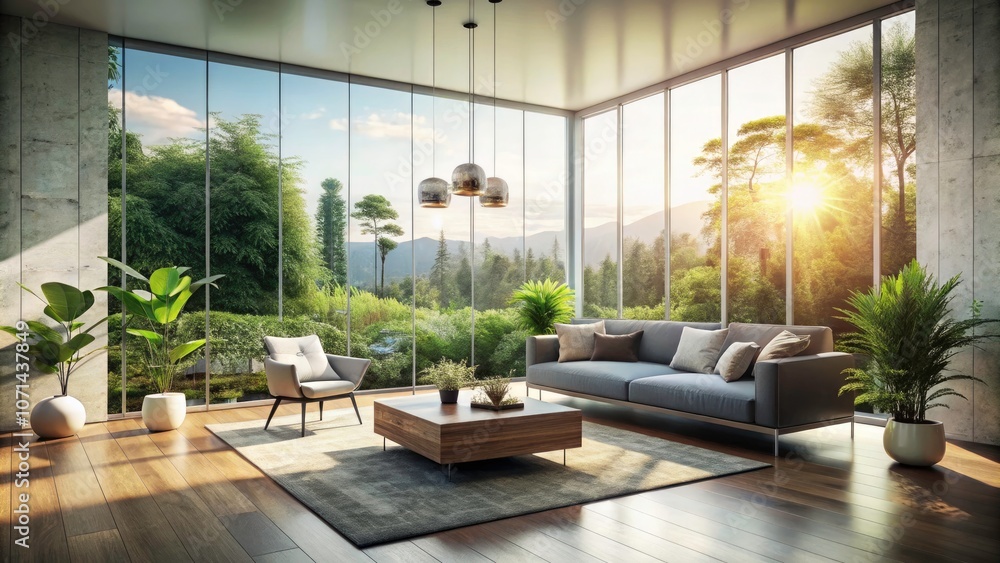 Fototapeta premium Modern Minimalist Living Room with Large Windows and Natural Light for Tranquil Spaces, Interior Design Inspiration, Cozy Atmosphere, Bright and Airy Aesthetic, Contemporary Decor Ideas