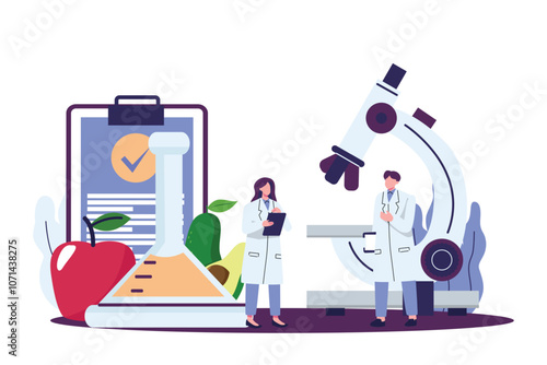 Biological scientists research of food. Tiny chemists testing product to learn about safety flat illustration design
