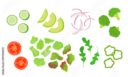 Set of cut vegetables for salad, sandwich. Cucumber, tomato, avocado, onion, lettuce, broccoli, green pepper, rucola. Hand drawn vector illustration.
