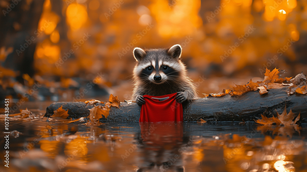 Fototapeta premium Raccoon in Red Sweater by Autumn Lake with Reflection