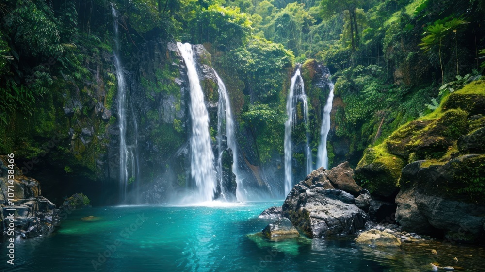 A serene waterfall scene surrounded by lush greenery and tranquil turquoise waters. A serene waterfall scene surrounded by lush greenery and tranquil turquoise waters.
