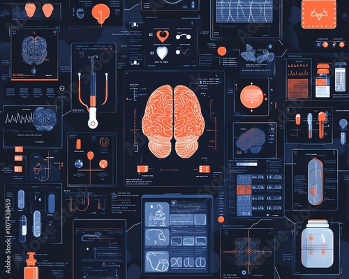 Monographic background featuring medical images like brain scans and healthcare icons in a dark blue color palette with orange accents, symbolizing modern diagnostic tools photo