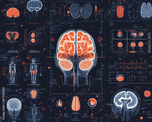 Monographic background featuring medical images like brain scans and healthcare icons in a dark blue color palette with orange accents, symbolizing modern diagnostic tools photo