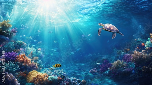 Wallpaper Mural Sea Turtle and Coral Reef Under Sunlight Torontodigital.ca