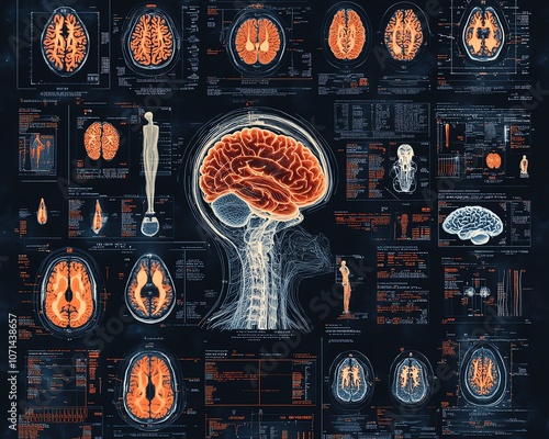 Wallpaper Mural A dark blue background with various brain scan images and medical icons, highlighted with orange accents, representing the sophistication of medical imaging technology Torontodigital.ca