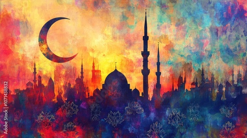 Ramadan sunset with a mosque silhouette, crescent moon, and decorative arabesque elements, all set against a vibrant, colorful background photo