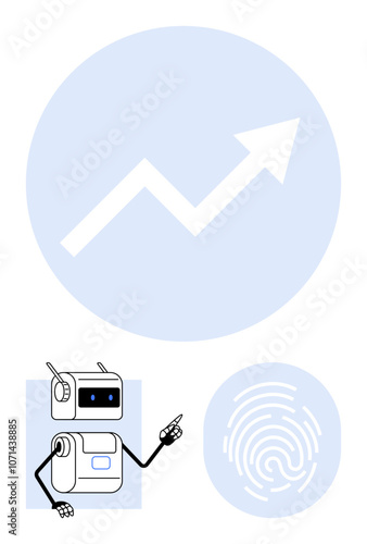 Robot with monitor screen head, pointing finger gesture, white body, beside future progression arrow inside circle and fingerprint ID. Ideal for technology, robotics, AI, security, biometric, trends