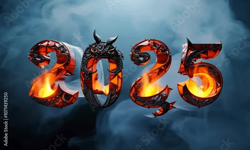 2025 number, new year with burning  dragon style. Generative AI photo