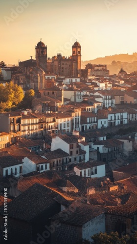 Golden hour casts a warm glow over the historic town of Cceres showcasing medieval architecture and ancient towers photo