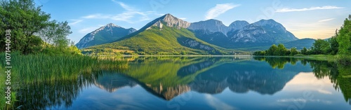 Serene morning at Lake Campotosto with majestic mountains reflected in clear water