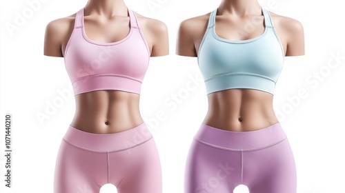 Pastel two-piece yoga set, sports bra and matching leggings, breathable material, clean and fresh white background photo