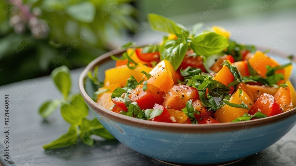 A salad bowl brimming with chopped Big Jim peppers and fresh vegetables. A salad bowl brimming with chopped Big Jim peppers and fresh vegetables.