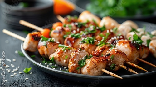 An assortment of yakitori skewers with chicken and vegetables, glazed with tare sauce.