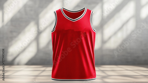 Red sleeveless basketball jersey, slim fit design with number on chest, lightweight and breathable material, white background for contrast photo