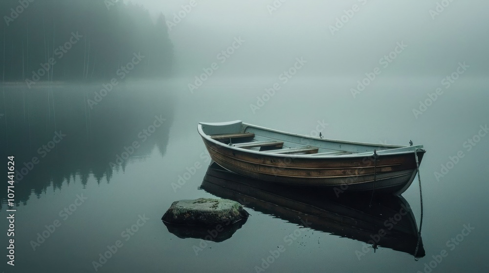 A serene boat floats on a misty lake, surrounded by tranquil forest reflections. A serene boat floats on a misty lake, surrounded by tranquil forest reflections.
