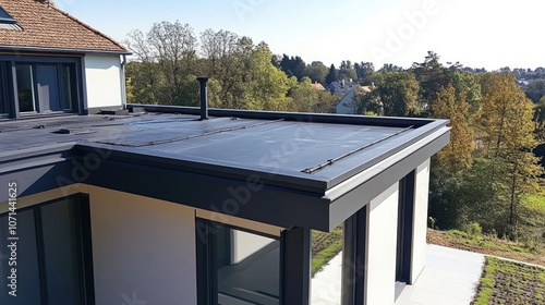 Roof drainage installation with polymer gutters, expertly fitted for optimal rainwater management on a residential building. photo