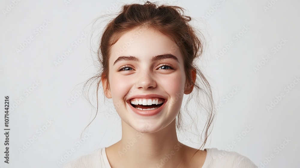 Young blonde woman smiling happily while looking at camera on white background Young blonde woman smiling happily while looking at camera on white background