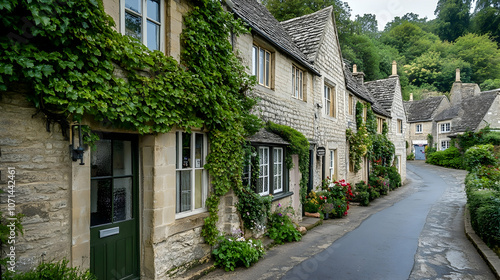 Charming stone cottages line a narrow street in a picturesque village.