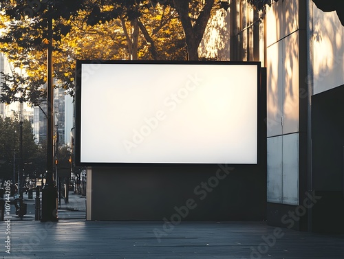 Blank Billboard Mockup:  A large, blank billboard stands tall against a backdrop of urban cityscape, bathed in the soft glow of the setting sun, offering a prime canvas for your brand's message.  